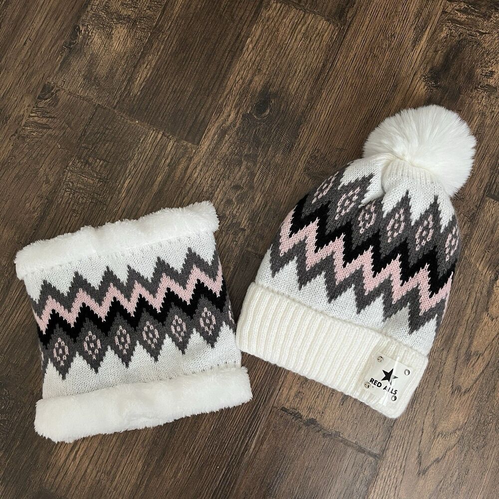 Winter Women’s Hat Neck Warmer Thick Knitted Cap Soft Stretchy pompom pink grey